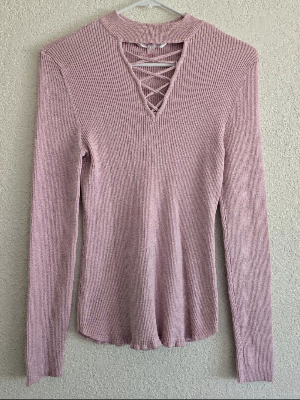 No boundaries XL stretchy rayon blend pink knitted strappy front sweater